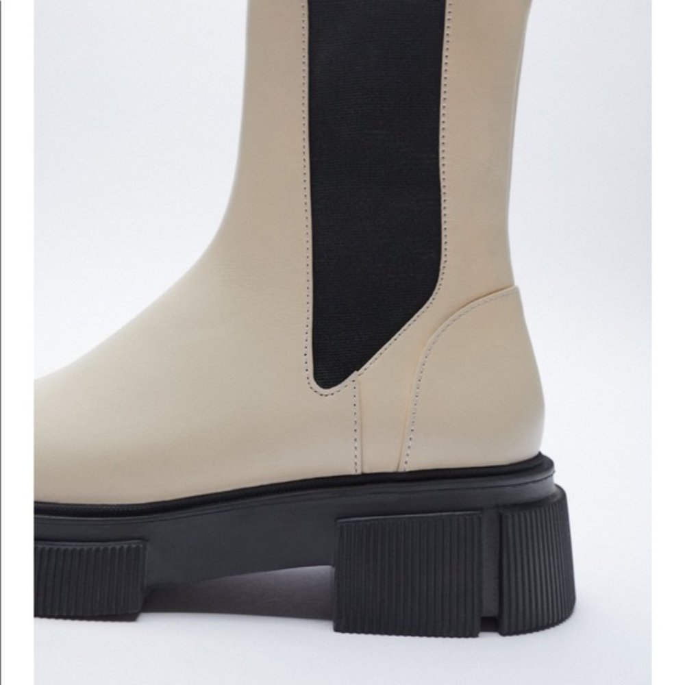 ZARA Low Heeled Lug Sole Leather Ankle Boots - Picture 4 of 15